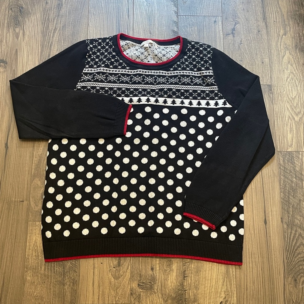 Talbots Womens XL Black Polka Dot Fair Isle Pine Tree Christmas Sweater Red Trim
